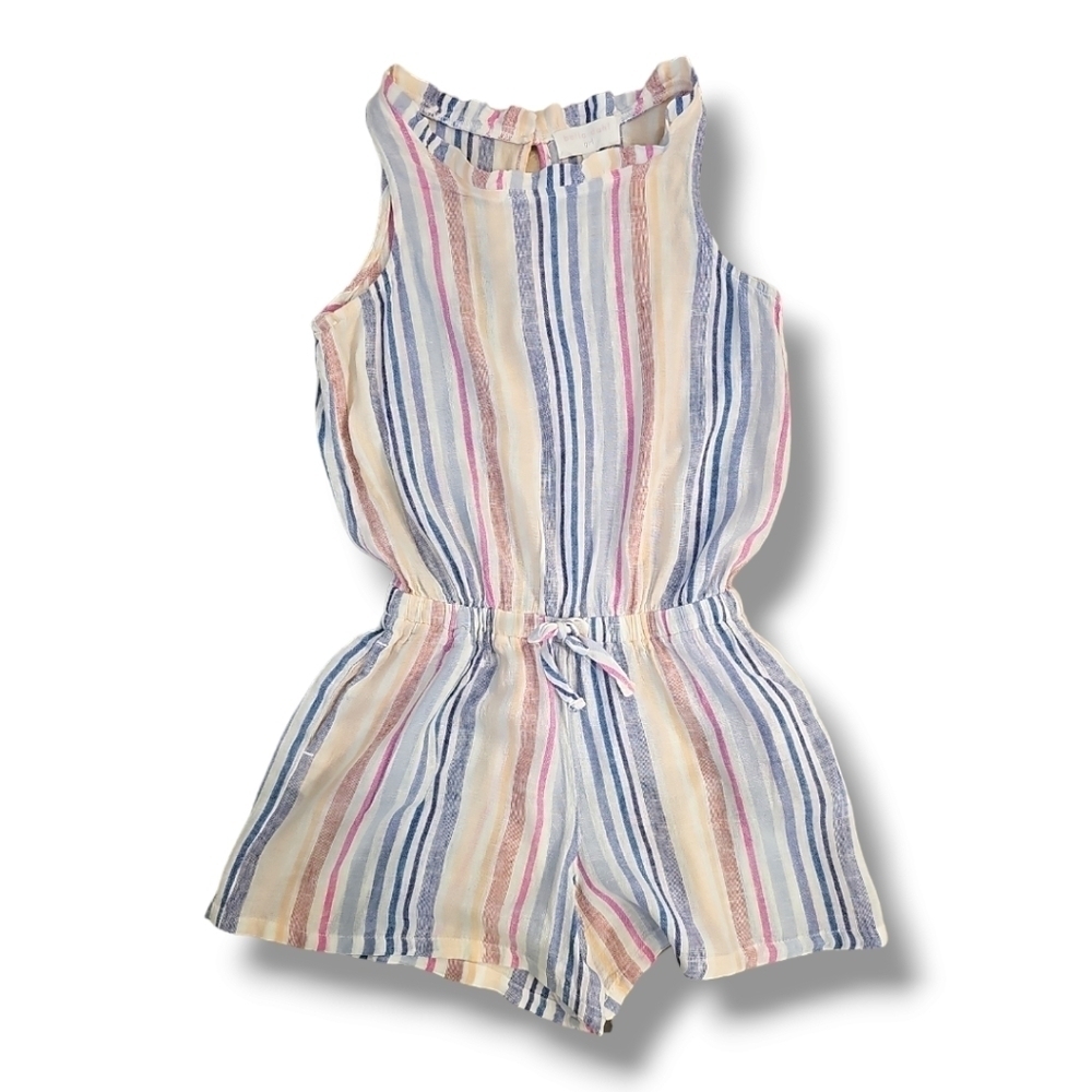 Bella Dahl Girls Pink & Blue Linen Blend Striped Romper - Size 12